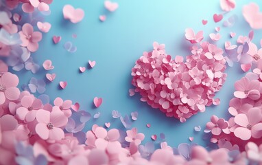 Fototapeta premium A beautiful heart shape crafted from pink flowers, set against a calming blue background, symbolizing love and affection for Valentine's Day.
