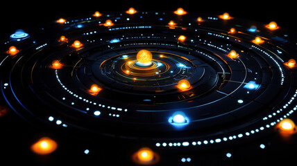 A futuristic circular graph with interactive nodes and glowing pathways connecting them, creating a seamless and dynamic visual flow with a high-tech, cybernetic aesthetic on a sleek, dark background.