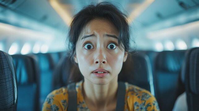horrified woman on plane, expressing fear and anxiety during flight. Her wide eyes and tense expression capture emotional intensity of moment