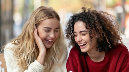 Obraz premium Two young women laughing joyfully together, enjoying a moment outdoors, showcasing friendship and happiness.