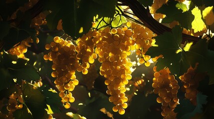 11.Ripe clusters of golden Chardonnay grapes hanging heavily on a vine, illuminated by the warm sunlight of a vineyard, each grape plump and glowing; the green leaves wrap around the vine, creating a