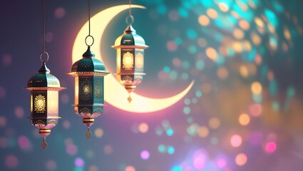 Islamic background with pastel gradient color, Arabic lanterns, crescent moon, candles, dates, and mosque. illustration design concept for ramadan kareen, ied mubarak, iftar