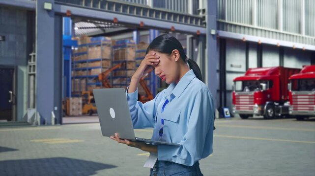 Side View Of An Asian Female Professional Worker Use Laptop, Outside of Logistics Distributions Warehouse,  She Is Nodding Her Shead With Dissapionted