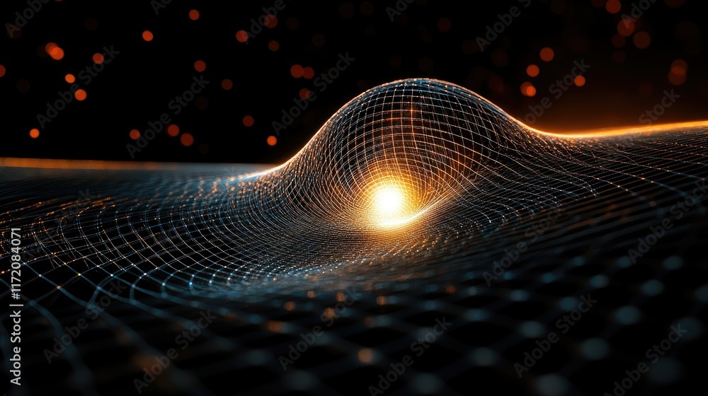 Poster a stunning depiction of spacetime curvature, with a luminous grid bending around a glowing celestial