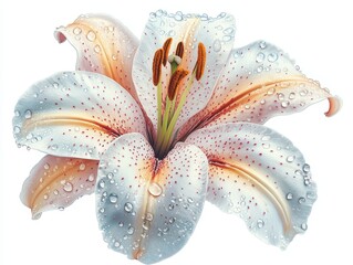 A detailed illustration of a lily flower with water droplets.