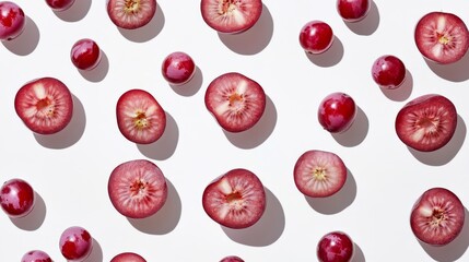 Fototapeta premium 95.Flat lay of a pattern with whole and sliced red grapes arranged across a white background; the halved grapes reveal intricate seeds and inner textures, creating a fresh and dynamic composition