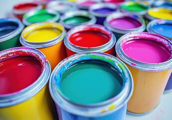 Fototapeta premium Colorful paint cans, each with different colors inside