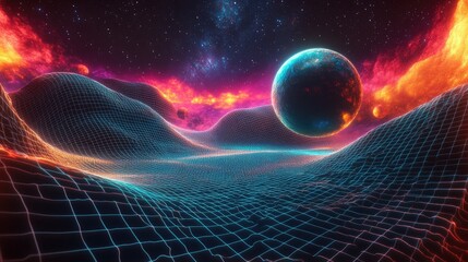 A surreal depiction of a spacetime grid bending under the influence of a celestial body, with glowing effects