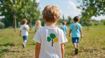 Fototapeta premium Children wearing eco themed shirts walking in park, promoting nature awareness and teamwork