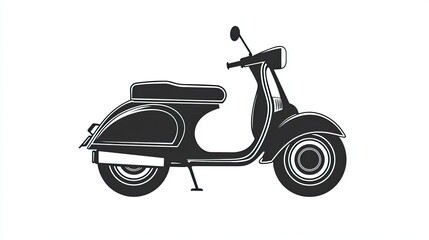 A stylized black and white illustration of a vintage scooter.