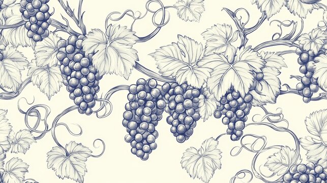 87.Vintage-style line pattern of grape branches and leaves in a bold, thick line style; the design shows detailed, twisting vines and clusters of grapes, ideal for use as a decorative border or