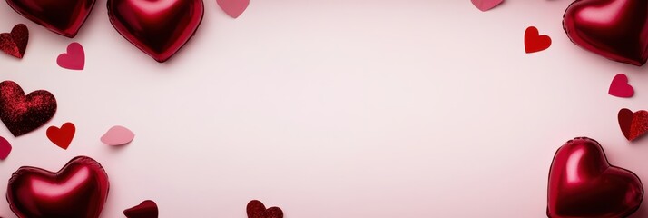 Delicate hearts are beautifully scattered across a soft pink background, featuring a blank area ideal for personalized Valentine's Day messages.