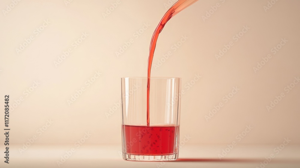 Poster a thin flow of cranberry syrup pouring into a transparent water glass, creating a gradient of red