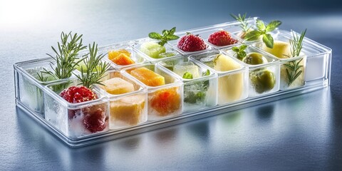 3D Visualization of Ice Cube Tray Filled with Frozen Fruits and Herbs