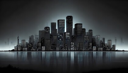 Fototapeta premium Night city skyline silhouette in black with faint glowing white windows and gray accents, background and wallpaper