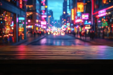 A wooden table with a view of a busy street with people walking by