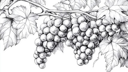 29.Hand-sketched vector artwork of a grapevine with clusters of round, full grapes and sprawling leaves; detailed linework shows the texture of each leaf and grape, with graceful vine tendrils