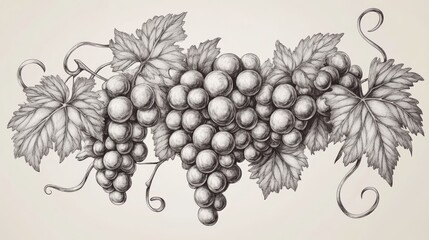 Obraz premium 28.Elegant vector illustration of a grape vine with lush clusters and curling tendrils, hand-drawn in a realistic style; each grape appears round and smooth, with fine lines and shading on the