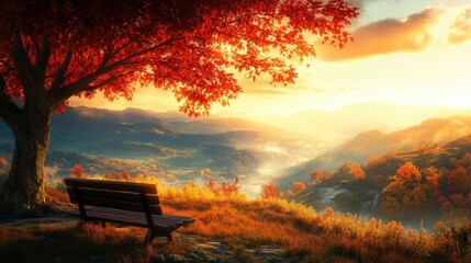 A tranquil autumn hilltop with a wooden bench under a glowing red tree, sunrise painting the misty mountains in shades of gold and orange