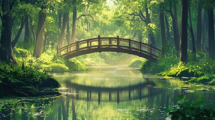A tranquil forest river in springtime, with a wooden bridge spanning its width, reflecting perfectly on the still water surrounded by fresh greenery