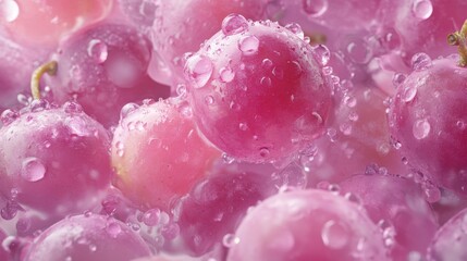 59.Detailed view of fresh pink grapes covered in delicate water droplets, capturing their juicy, vibrant texture; the soft lighting casts faint shadows, adding depth and realism, making each grape