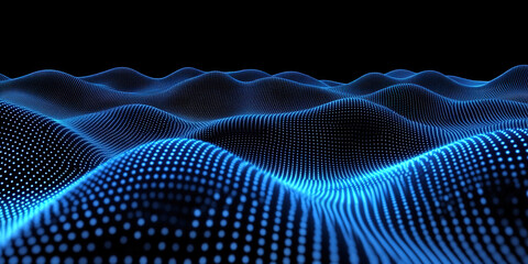 Futuristic Blue Particle Wave Background with Golden Light Core. Abstract Cosmic Technology Concept for Digital Marketing. Deep Space Perspective with Radiant Grid Lines and Luminous Nebula. AI-Genera