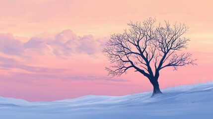 A tranquil winter afternoon with a stark barren tree framed by a gradient of clouds in the sky