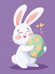 Obraz premium Vector flat colored cute simple cartoon Easter bunny hugging Easter egg isolated on purple background with hard edges, vector art style, white and green. 