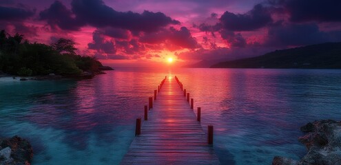 Fototapeta premium long wooden pier with ropes leading to the water, with an old sailing ship at its end against a pink and purple sky