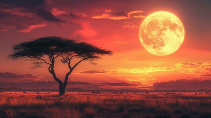 Fototapeta premium A vast African savanna with an acacia tree in the distance, under a vibrant sunset and a giant moon casting a soft glow