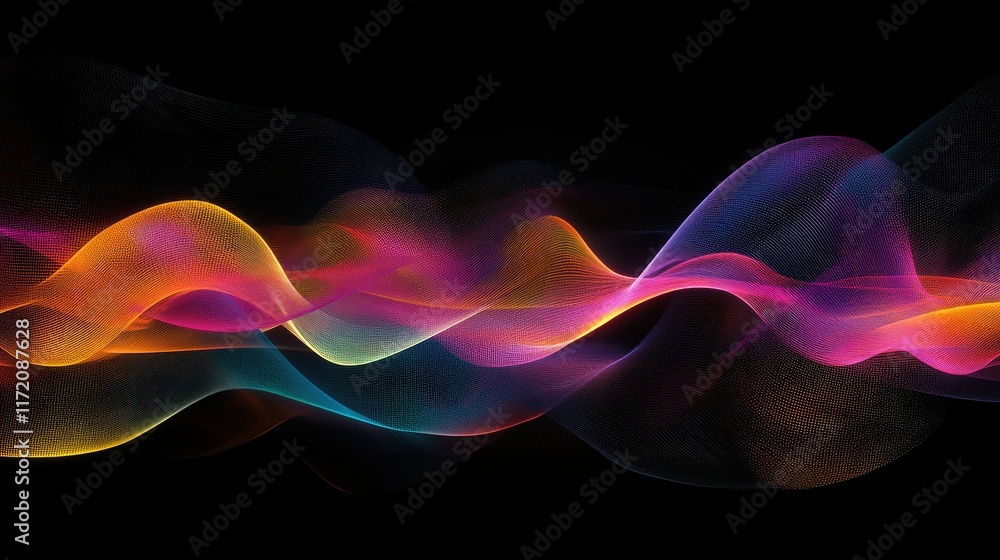 Poster a vibrant abstract design showcasing ripples of gravity waves interacting with colorful energy field