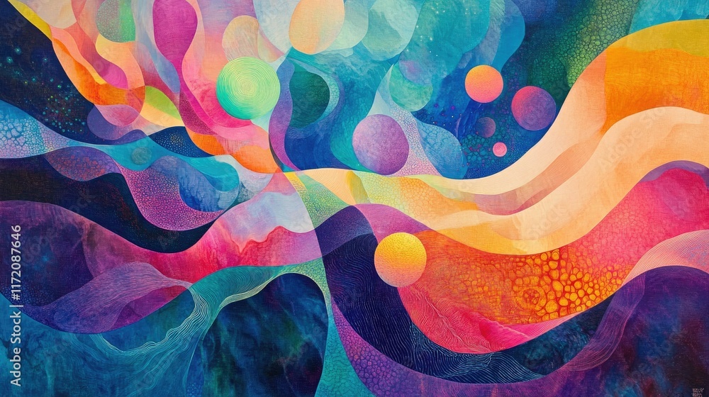 Poster a vibrant abstract design showcasing ripples of gravity waves interacting with colorful energy field