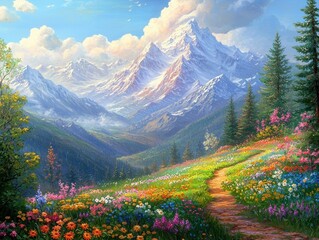 A serene mountain pass with a narrow trail winding through fields of wildflowers. The towering peaks in the background are dusted with snow, and a gentle breeze adds life to the tranquil setting. 