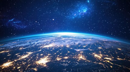 Obraz premium A vibrant city at night, skyscrapers glowing brightly over a blue-lit Earth, with an expansive galaxy backdrop