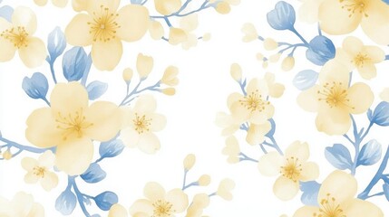 Light-themed seamless wallpaper with delicate cherry blossoms in yellow and white with blue accents. 