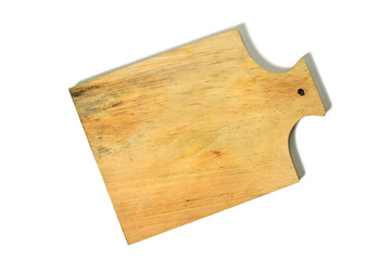 Wooden cutting board. Isolated on white background. Flat lay top view. Empty, blank, wood.