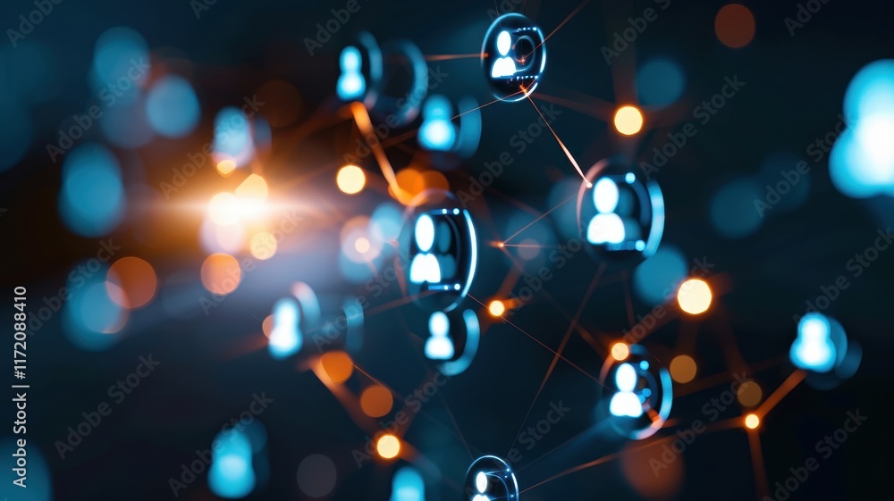 Poster a digital network visualization featuring interconnected user icons against a dark background, symbo