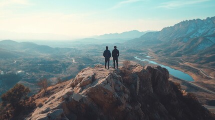 Fototapeta premium Two men standing on a mountain top, looking out over a valley