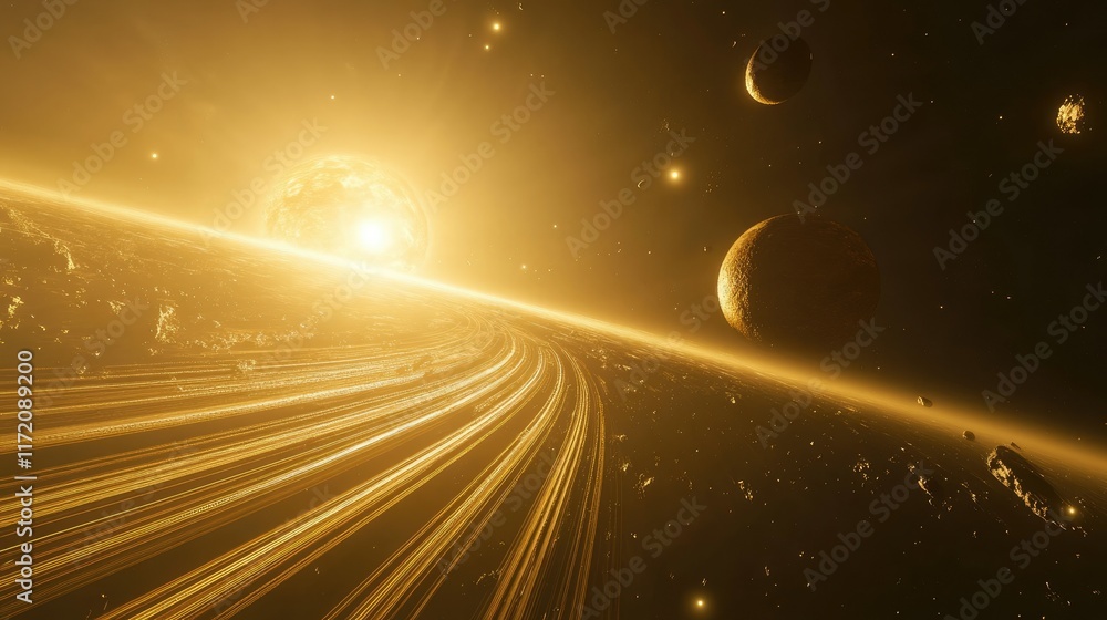 Poster a view from the outer edges of the solar system, showing planets in alignment with the sun casting g