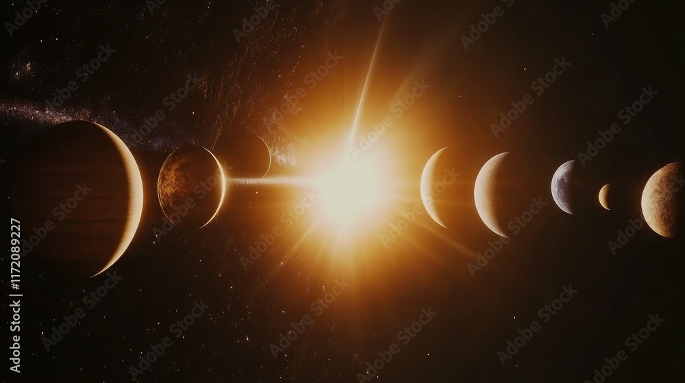 Poster a view from the outer edges of the solar system, showing planets in alignment with the sun casting g