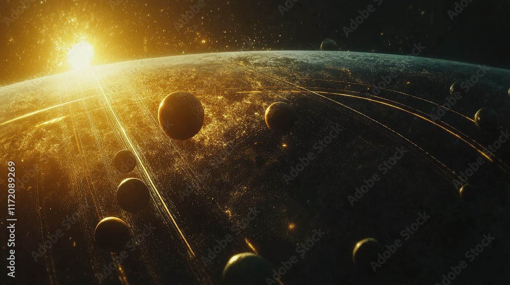 Poster a view from the outer edges of the solar system, showing planets in alignment with the sun casting g