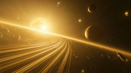 A view from the outer edges of the solar system, showing planets in alignment with the sun casting golden light.
