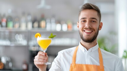 A smiling bartender holds a vibrant cocktail with an orange slice, showcasing his skills in a well-stocked bar environment.