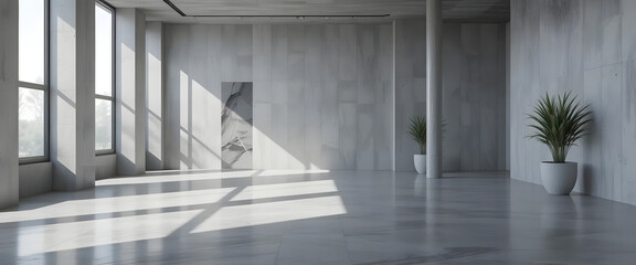 Obraz premium Stylish 3D-Rendered Abstract Concrete Room with Sharp Shadows, Polished Surfaces, and Modern Design for Captivating Stock Imagery