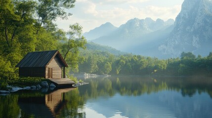 Obraz premium A wooden boathouse sits by a calm lake, with stunning reflections of distant mountains and lush greenery