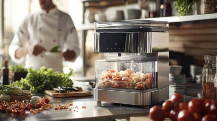 Chef Elegantly Pours Ingredients into a Contemporary Dish in a Stylish Kitchen