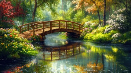 Fototapeta premium A wooden bridge over a gentle forest river, reflecting in the still water, surrounded by vibrant spring greenery and blooming wildflowers