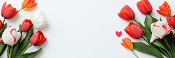 A vibrant arrangement of various colored tulips displayed elegantly on a clean white surface, symbolizing love and beauty for Valentine's Day.