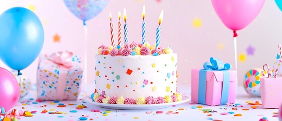 Festive birthday cake with candles, gifts, and balloons on a table with confetti.
