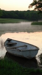 Obraz premium A tranquil lake at dawn, with mist rising from the water and a lone rowboat floating near the shore. The surrounding trees and hills are reflected perfectly in the mirror-like surface, creating 